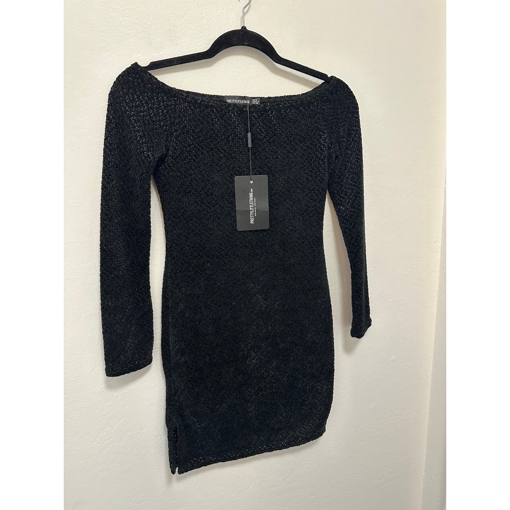 PrettyLittleThing NWT Black Sparkle Knit Bardot Bodycon Mini Dress‎ Long Sleeve